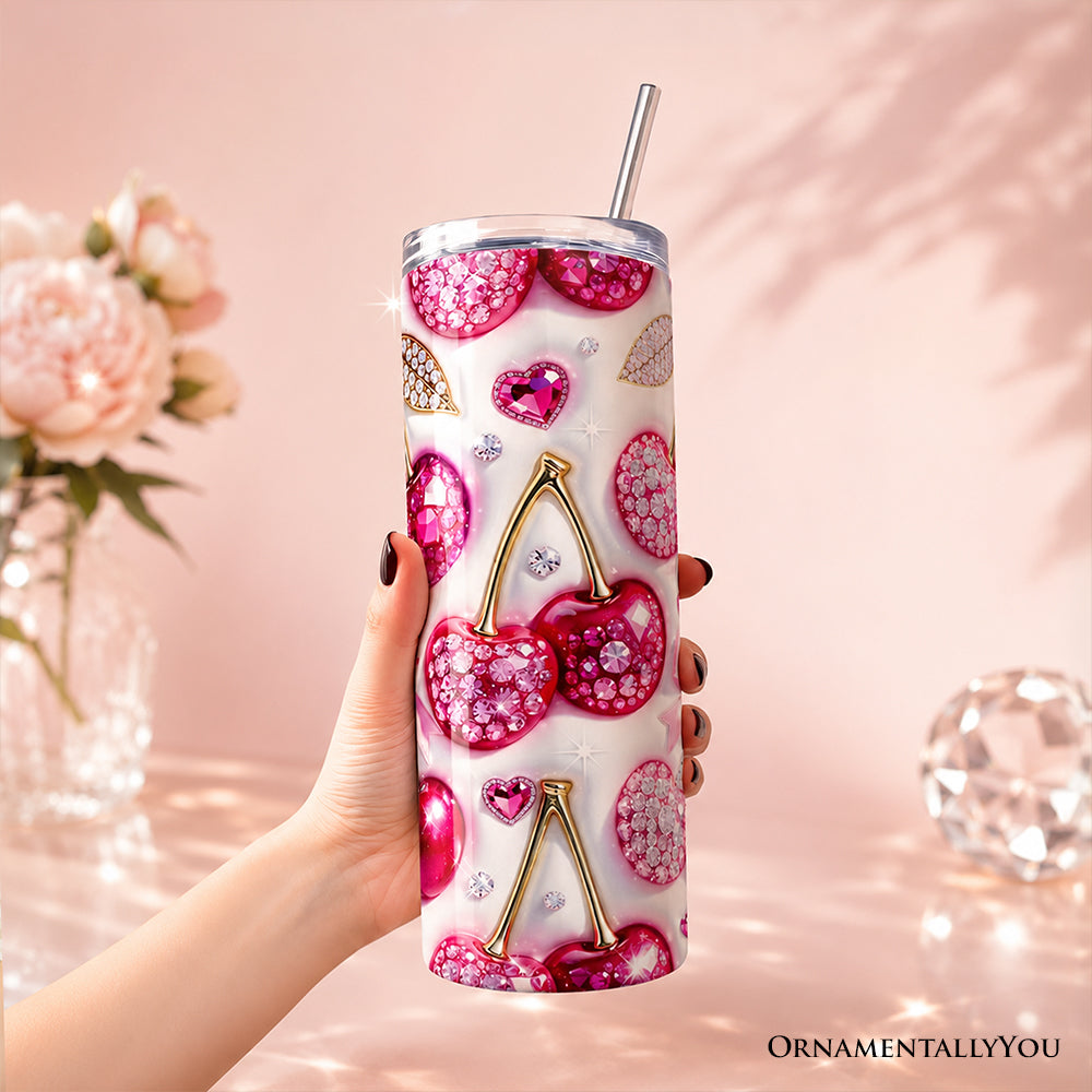 Pink Rhinestone Cherry Bow 20oz Personalized Tumbler With Lid and Stainless Steel Straw, Sparkly Valentine Coquette Gift Cup