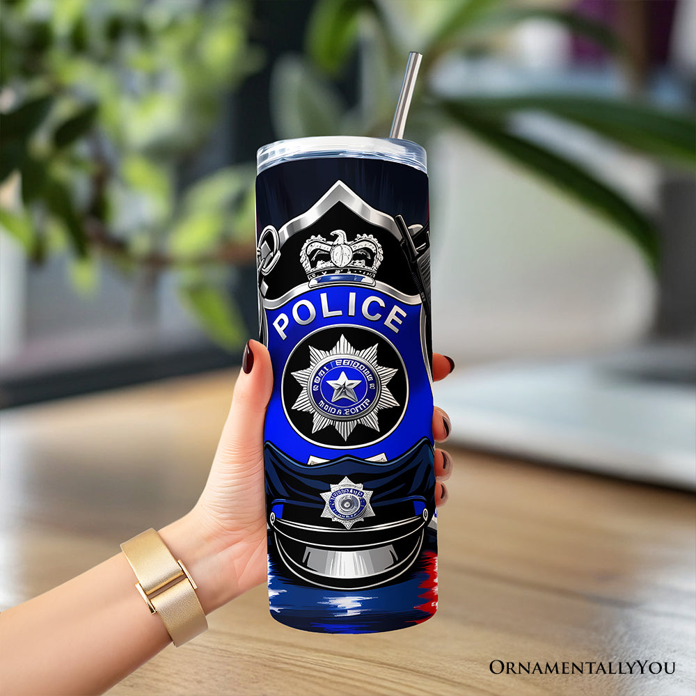 Police Badge and Patrol Car 20oz Personalized Tumbler With Lid and Stainless Steel Straw, Law Enforcement Appreciation Gift Cup