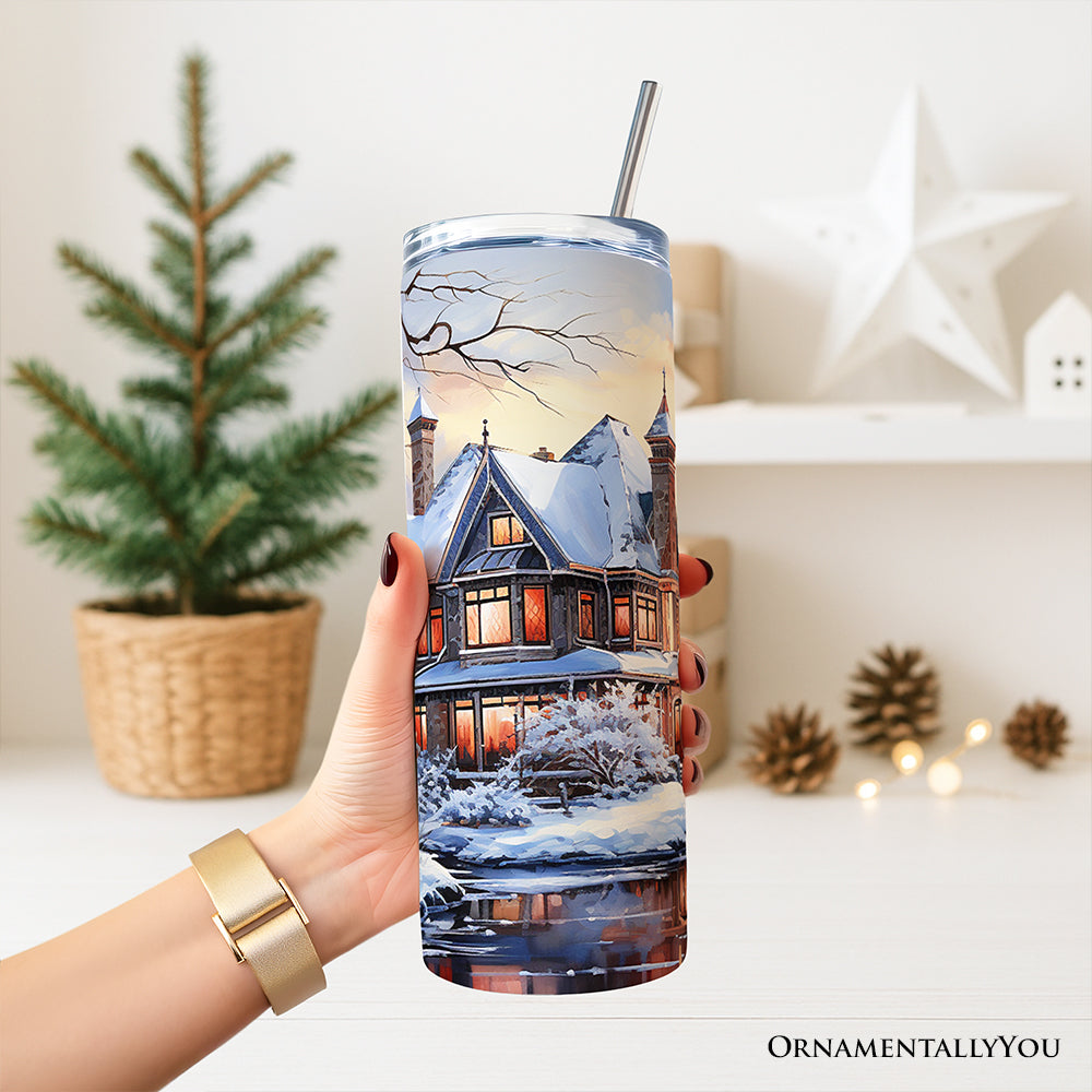 Watercolor Snowy Victorian Mansion Painting 20oz Personalized Tumbler With Lid and Stainless Steel Straw, Cozy Winter Estate Gift Cup