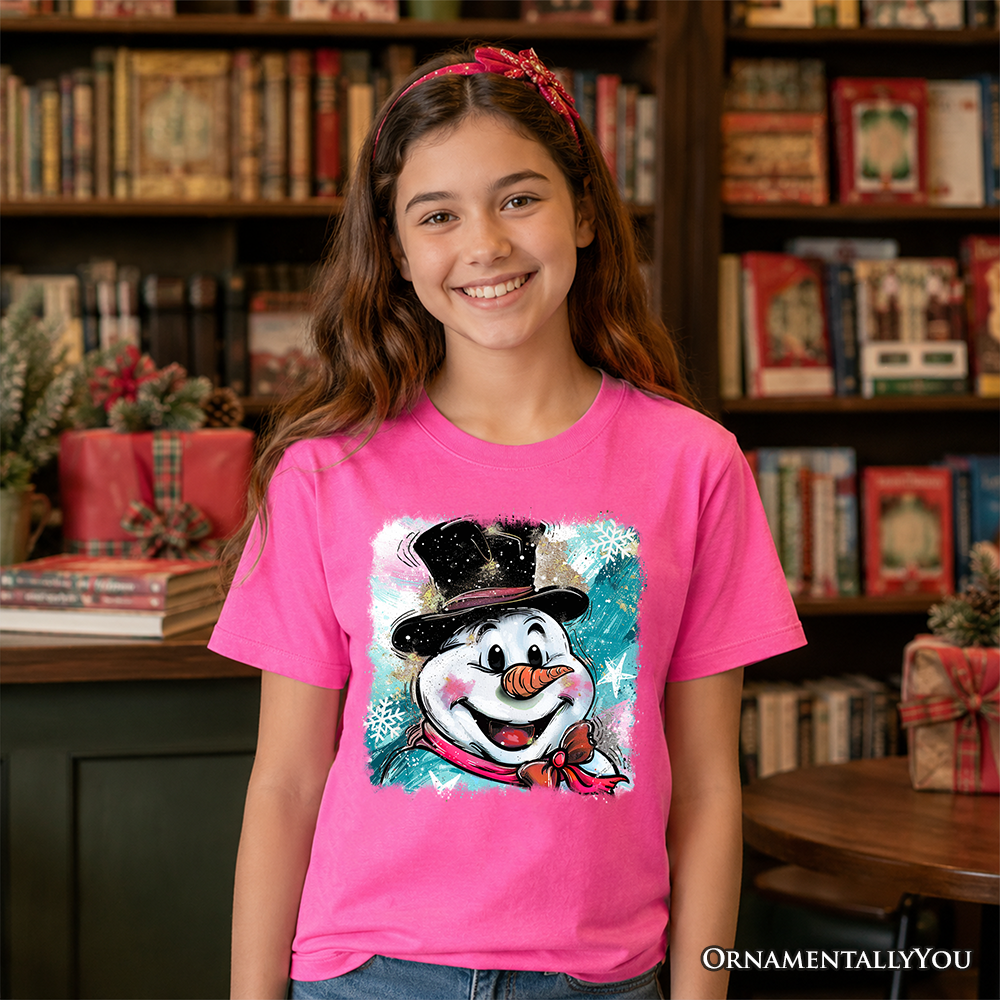 Kids Brushstroke Cute Snowman T-Shirt, Preppy Youth Merry Christmas Glitter Holiday Tee