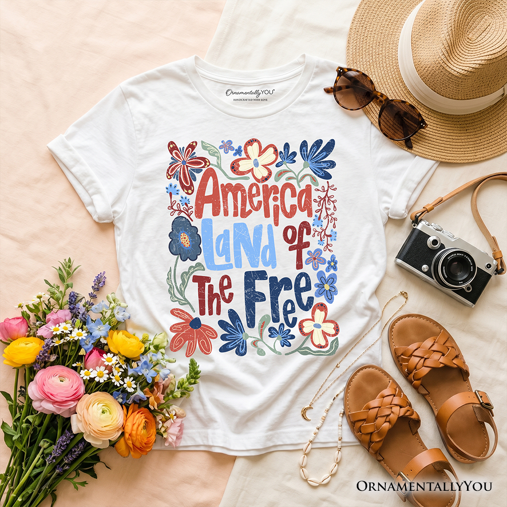 Kids America Land of the Free T-Shirt, Retro Youth Floral Independence Day Tee