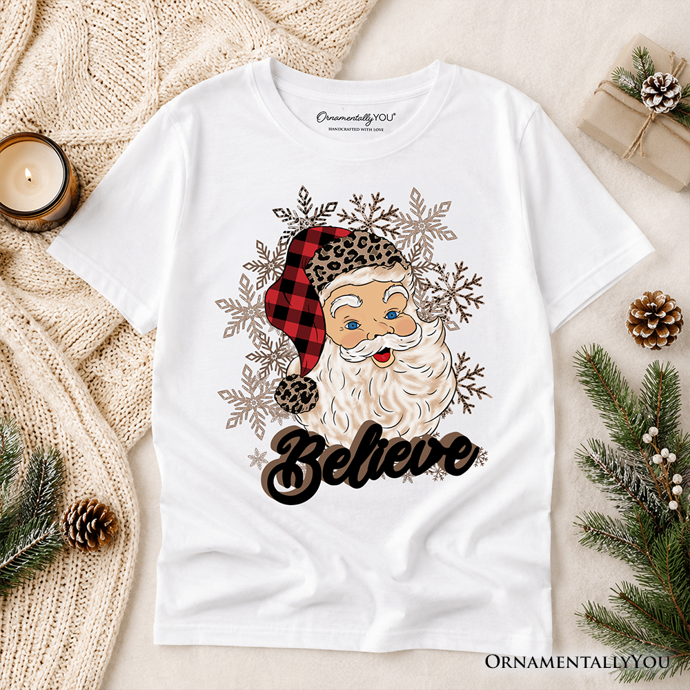 Kids Believe Santa Buffalo Plaid T-Shirt, Retro Christmas Youth Tee