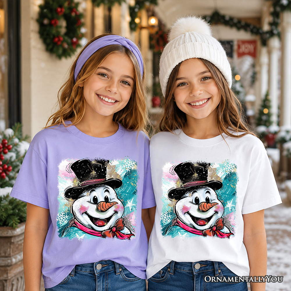 Kids Brushstroke Cute Snowman T-Shirt, Preppy Youth Merry Christmas Glitter Holiday Tee