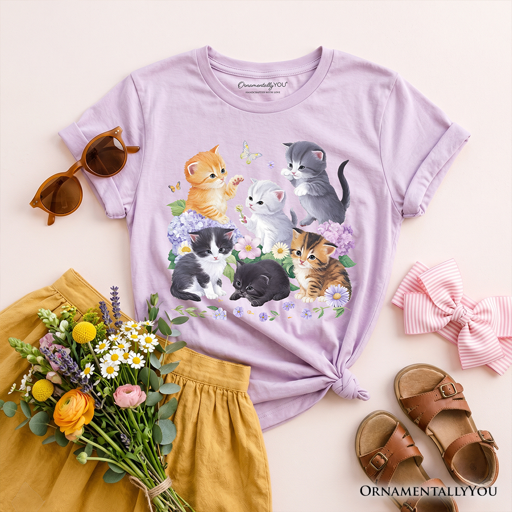 Kids Cute Baby Cats Wildflower T-Shirt, Cottagecore Botanical Cat Youth Tee