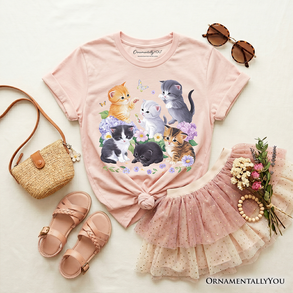 Kids Cute Baby Cats Wildflower T-Shirt, Cottagecore Botanical Cat Youth Tee