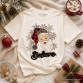 Kids Believe Santa Buffalo Plaid T-Shirt, Retro Christmas Youth Tee