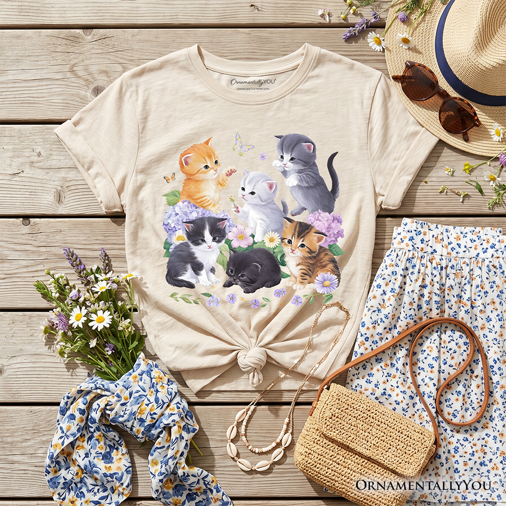 Kids Cute Baby Cats Wildflower T-Shirt, Cottagecore Botanical Cat Youth Tee