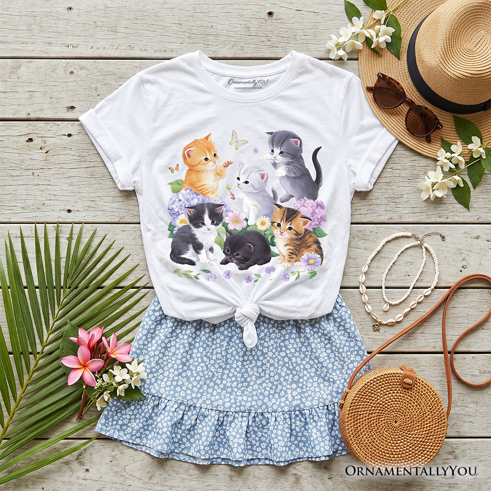 Kids Cute Baby Cats Wildflower T-Shirt, Cottagecore Botanical Cat Youth Tee