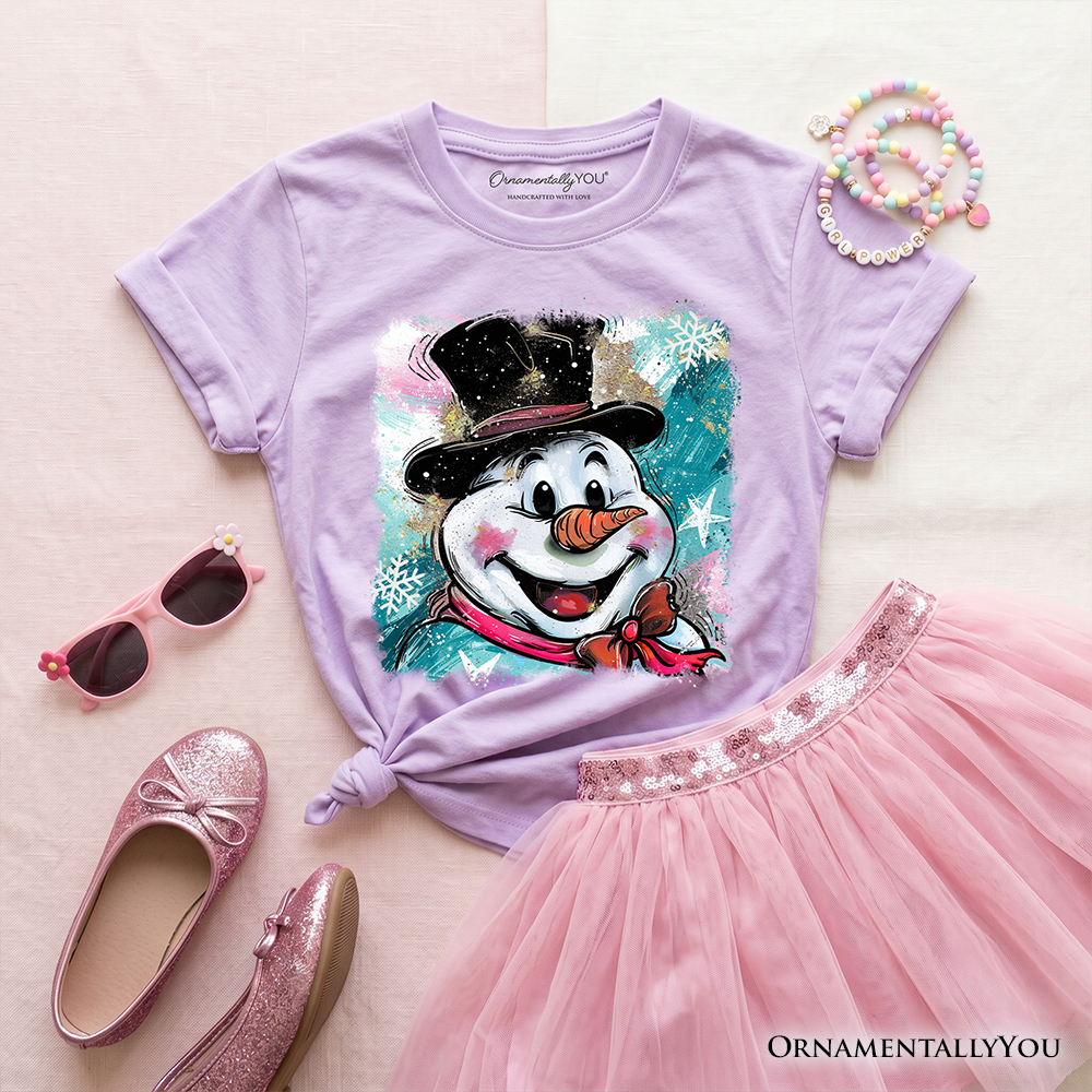 Kids Brushstroke Cute Snowman T-Shirt, Preppy Youth Merry Christmas Glitter Holiday Tee