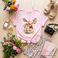 Kids Easter Bunny Coquette Pink Bow T-Shirt, Cute Watercolor Spring Tee for Youth Girls