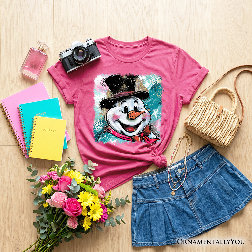 Kids Brushstroke Cute Snowman T-Shirt, Preppy Youth Merry Christmas Glitter Holiday Tee
