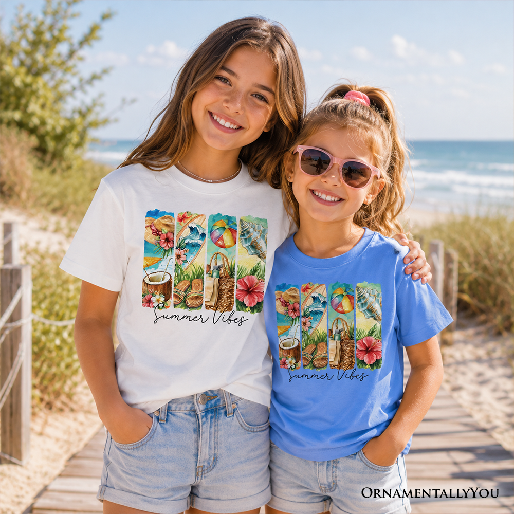 Kids Summer Vibes T-Shirt, Beach Tee with Coconut and Flowers for Youth