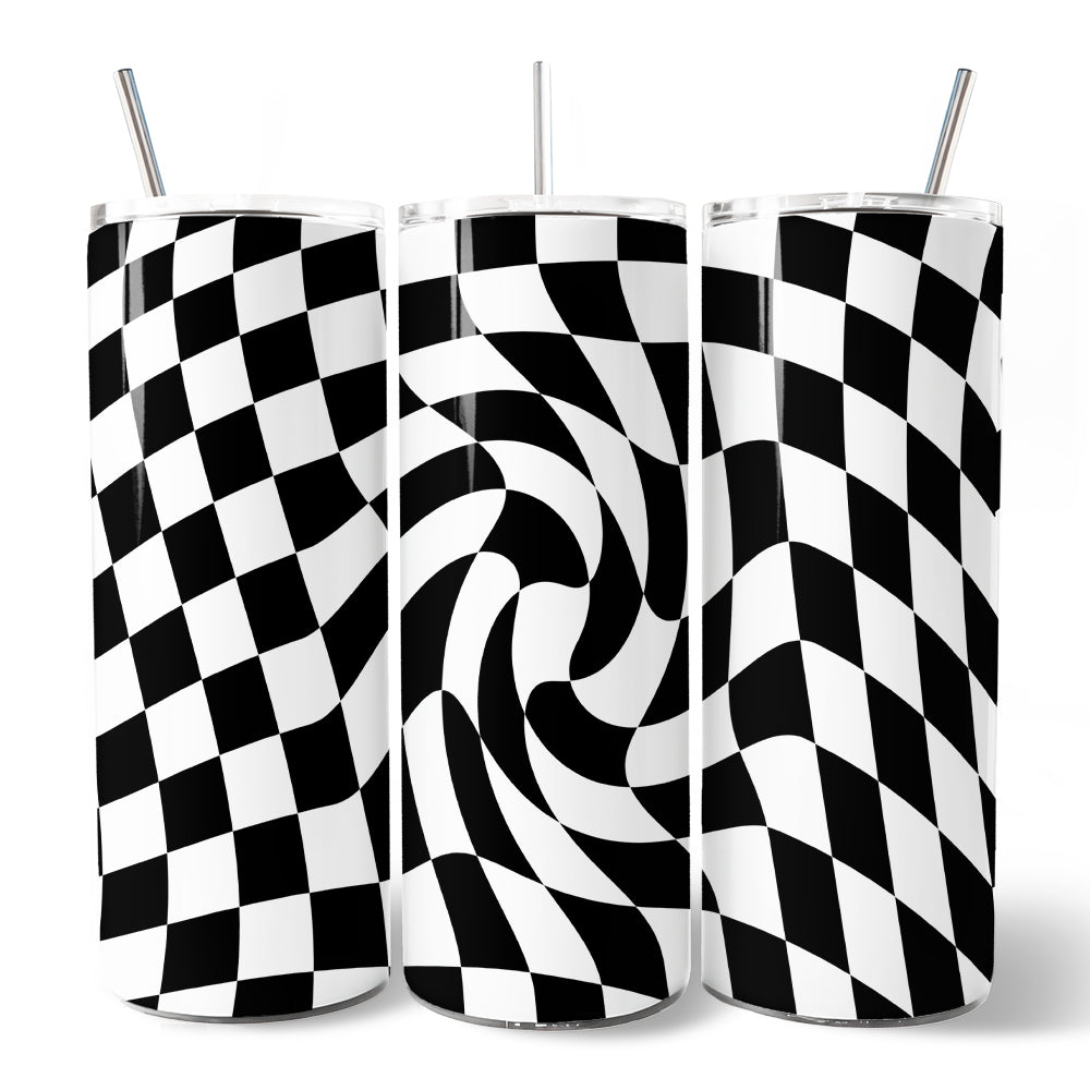 Black and White Checkerboard Swirl 20oz Personalized Tumbler With Lid and Stainless Steel Straw, Retro Optical Illusion Gift Cup