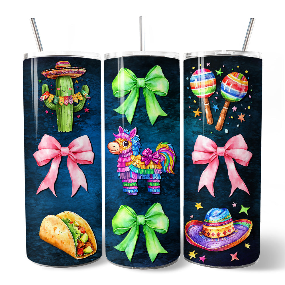 Cinco De Mayo Coquette Bow 20oz Personalized Tumbler With Lid and Stainless Steel Straw, Mexican Fiesta Maracas Gift Cup