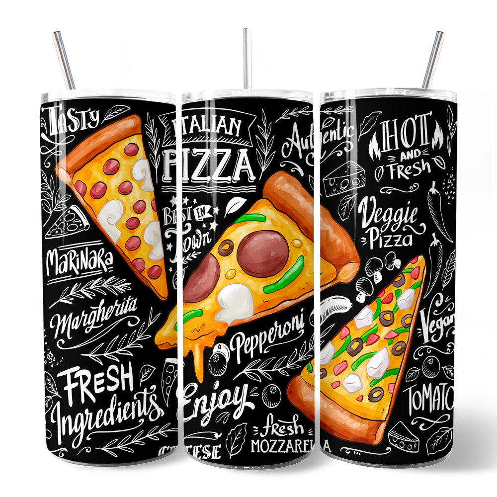 Classic Pizza Slice Doodle 20oz Personalized Tumbler With Lid and Stainless Steel Straw, Italian Pizzeria Chalk Art Gift Cup