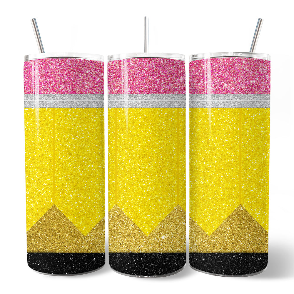 Glitter Pencil Design 20oz Personalized Tumbler With Lid and Stainless Steel Straw, School Teacher Gift Cup