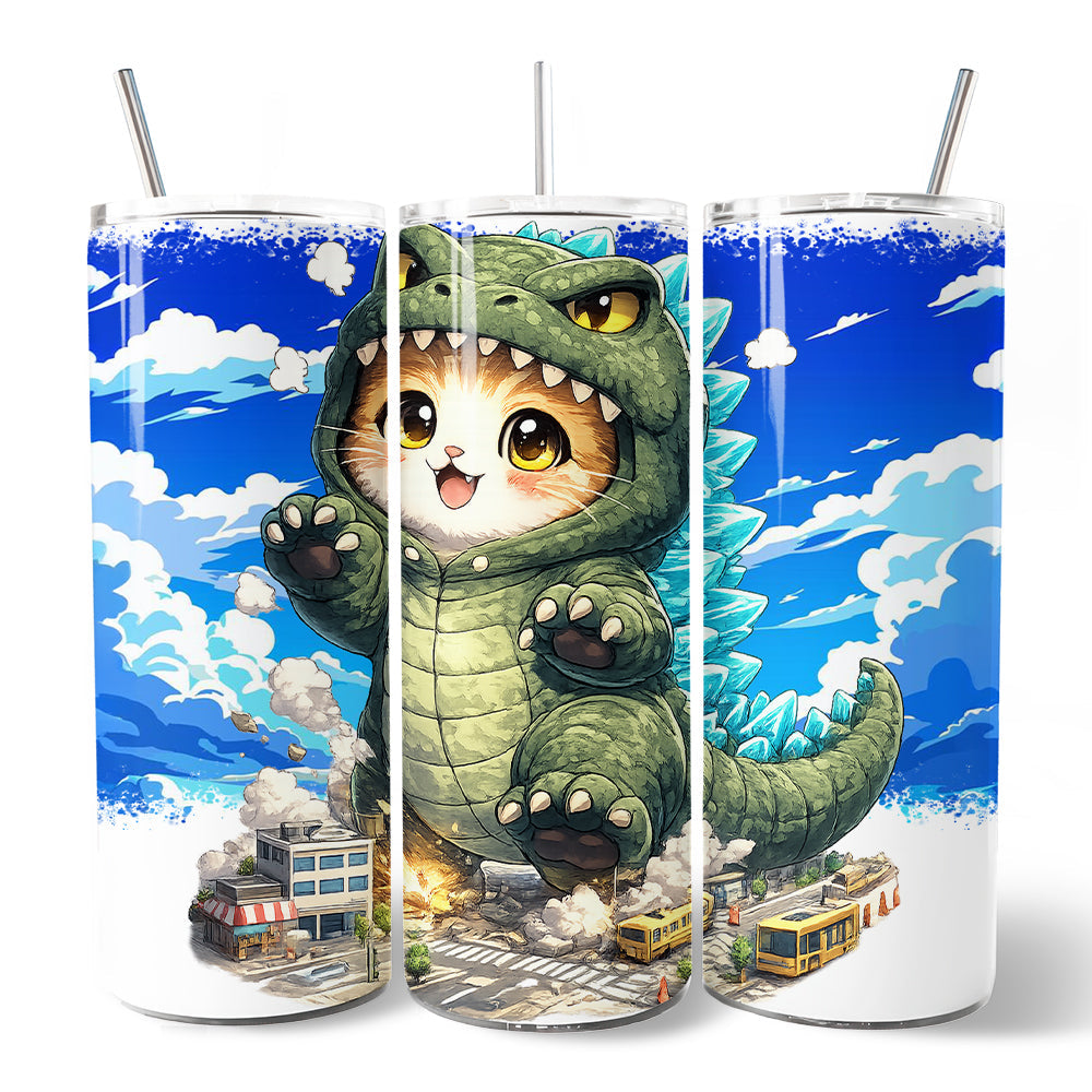 Kawaii Cat Kaiju City Destroyer 20oz Personalized Tumbler With Lid and Stainless Steel Straw, Japanese Anime Gift Cup