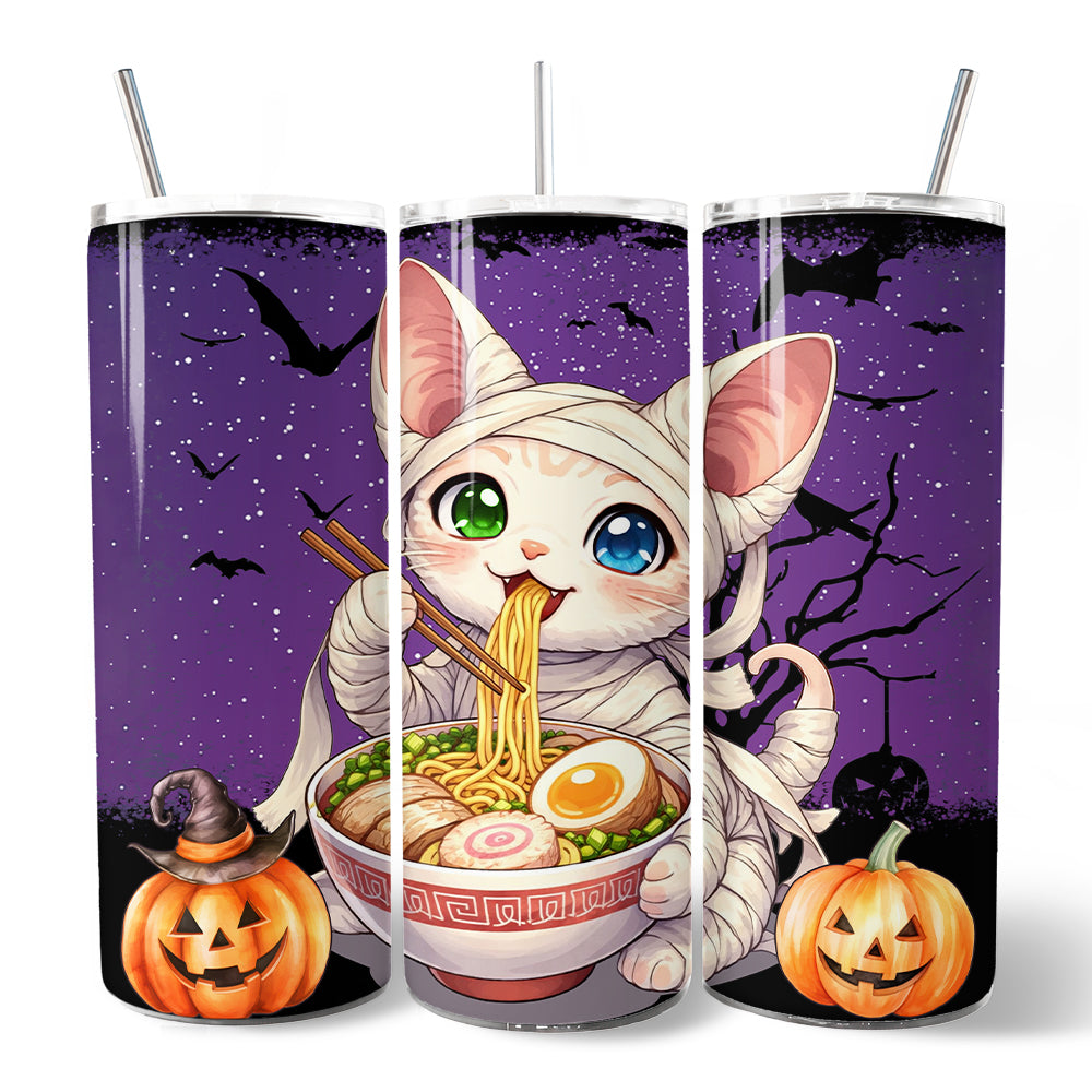 Kawaii Halloween Ramen Sphynx Cat 20oz Personalized Tumbler With Lid and Stainless Steel Straw, Japanese Anime Gift Cup