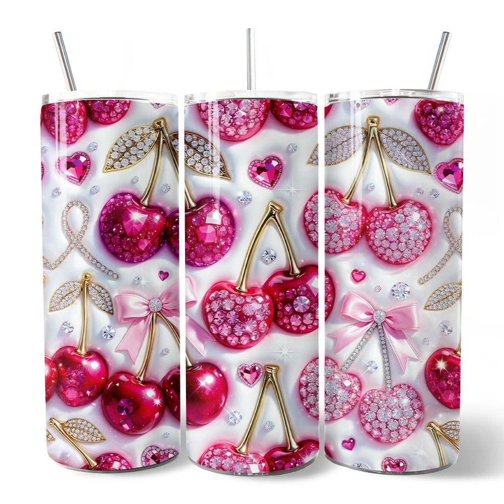 Pink Rhinestone Cherry Bow 20oz Personalized Tumbler With Lid and Stainless Steel Straw, Sparkly Valentine Coquette Gift Cup