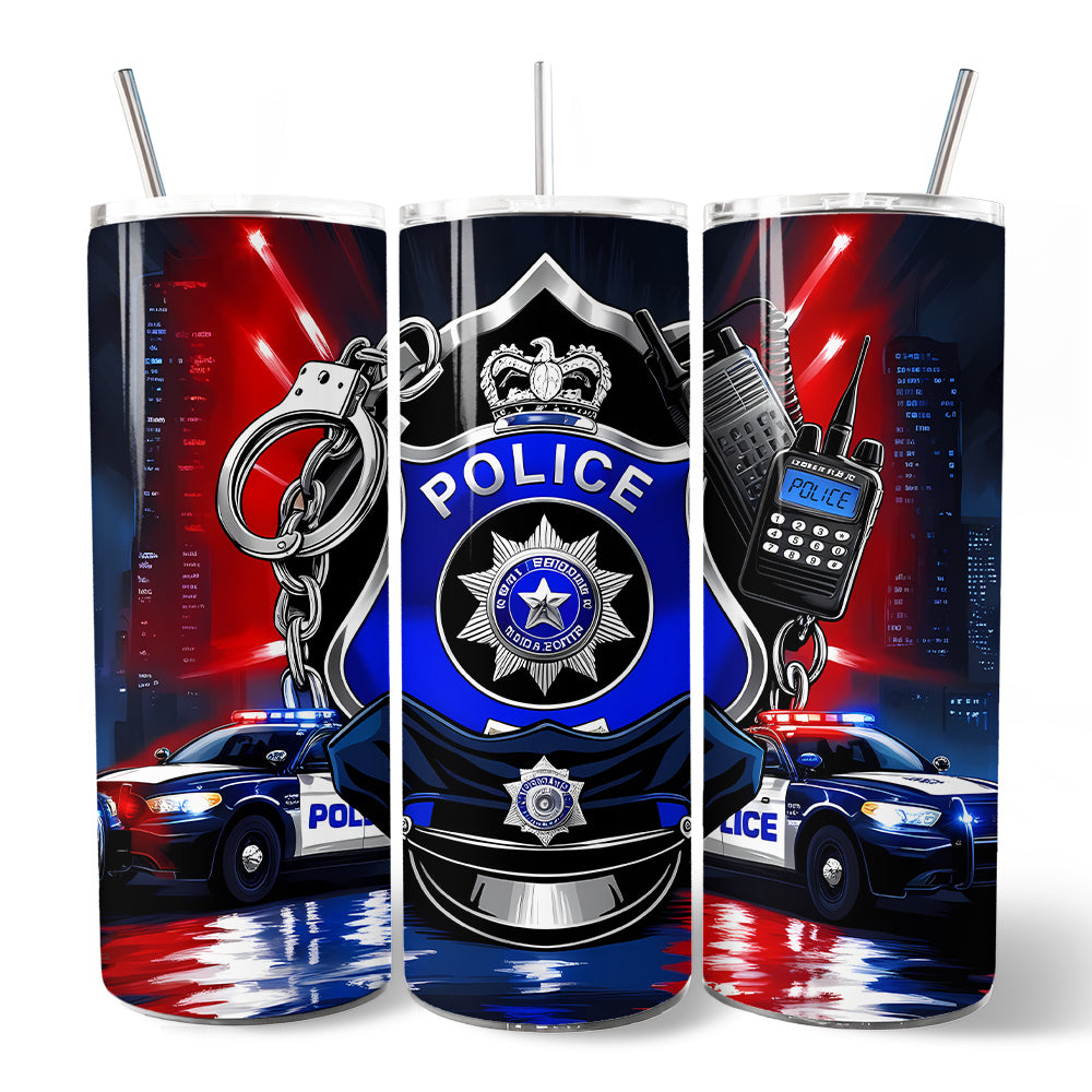 Police Badge and Patrol Car 20oz Personalized Tumbler With Lid and Stainless Steel Straw, Law Enforcement Appreciation Gift Cup
