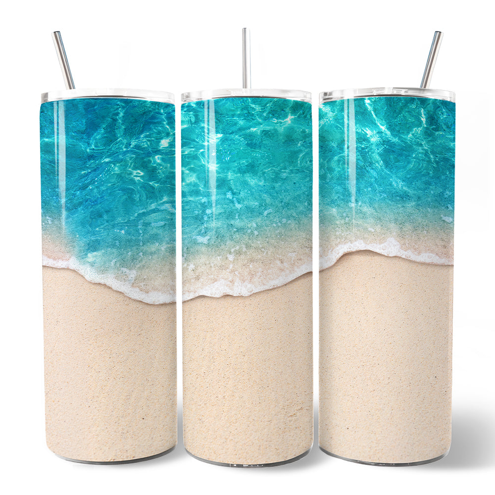 Turquoise Ocean Shore 20oz Personalized Tumbler With Lid and Stainless Steel Straw, Tropical Summer Coastal Gift Cup