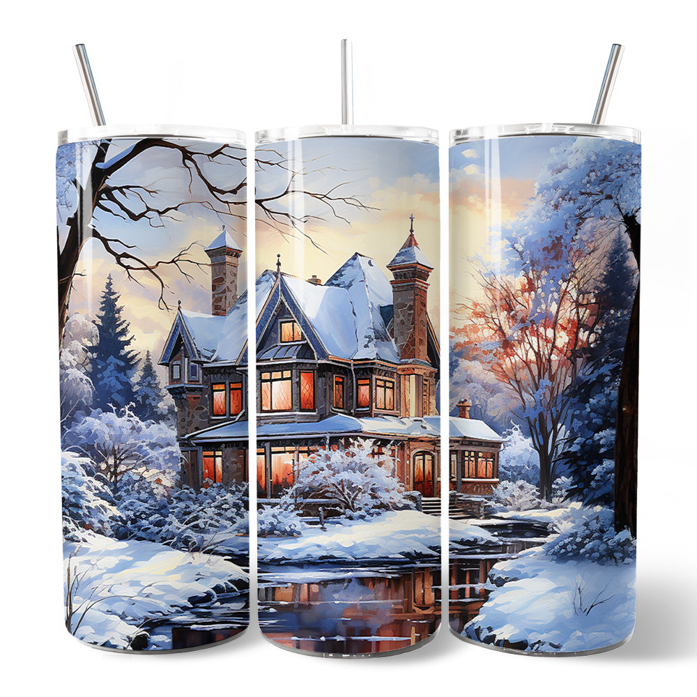 Watercolor Snowy Victorian Mansion Painting 20oz Personalized Tumbler With Lid and Stainless Steel Straw, Cozy Winter Estate Gift Cup