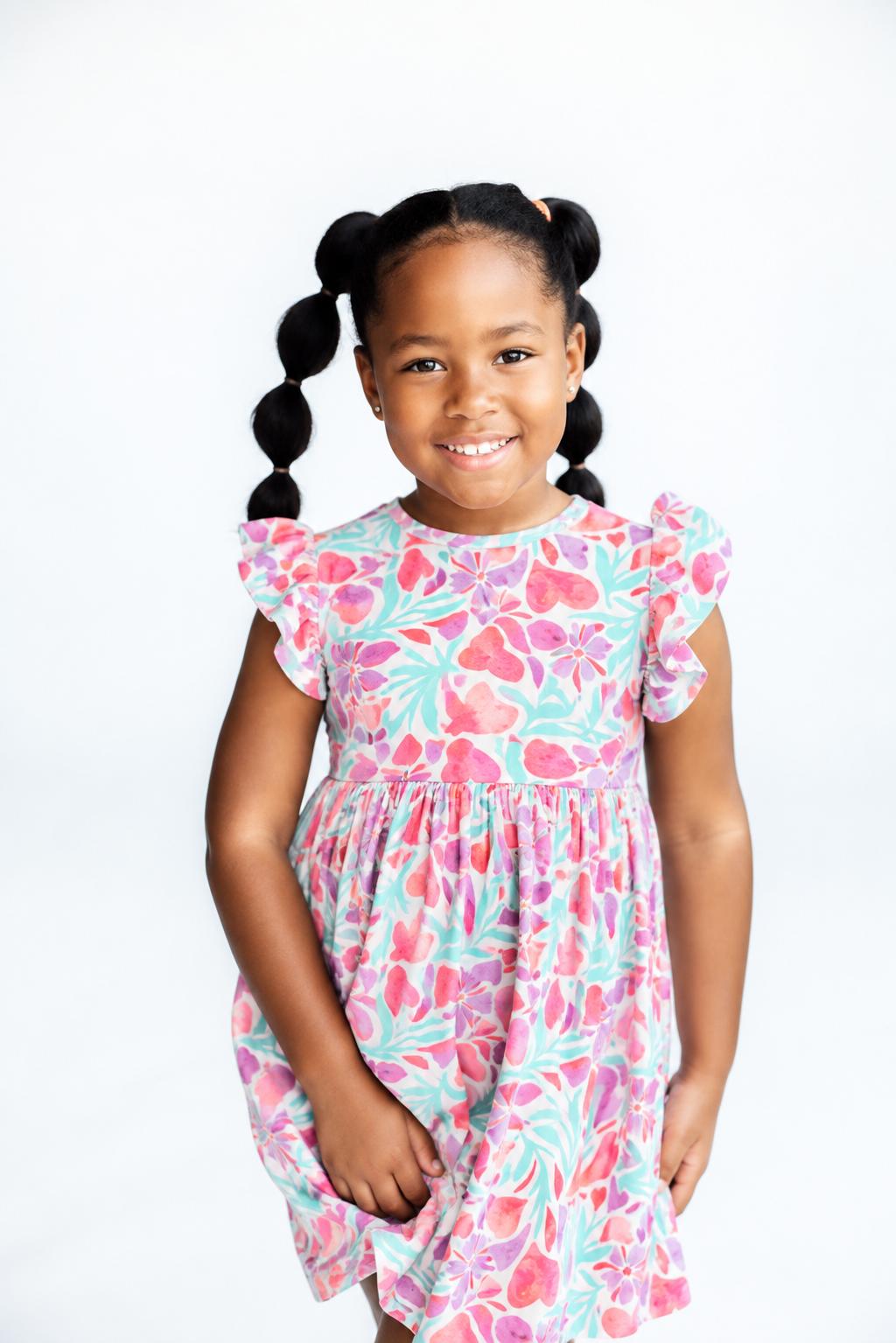 Watercolor Hearts Flutter Sleeve Twirl Dress