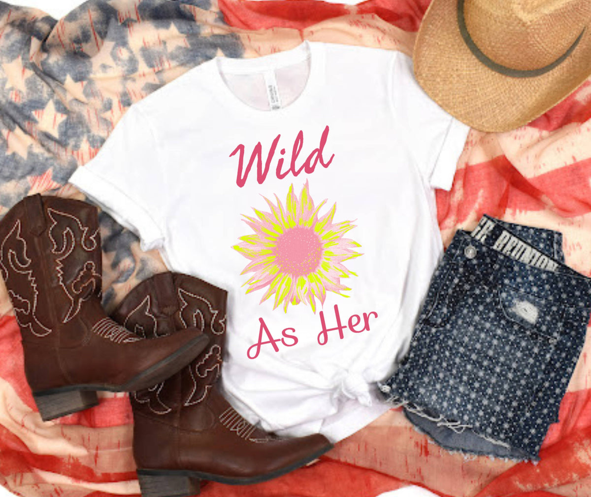 Wild As Her Flower White Tee Shirt Women's Pink Yellow Country Song Wildflower T-shirt