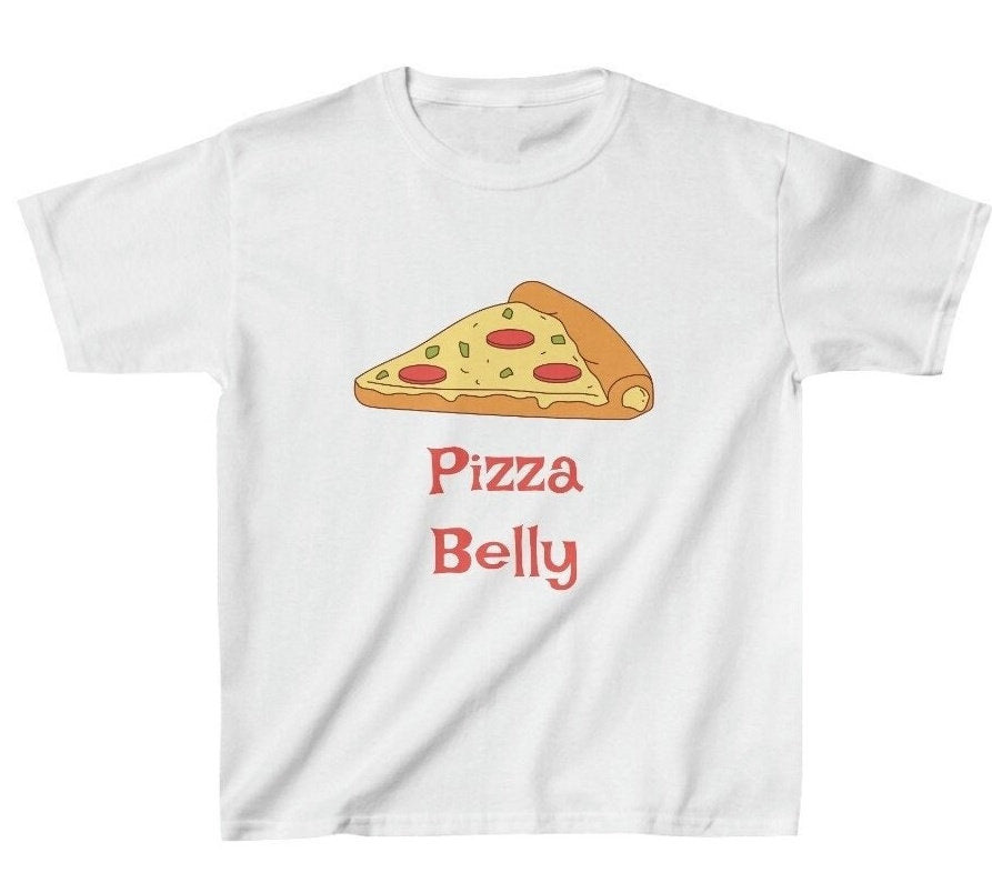 Pizza Belly Funny Shirt Adorable Tummy Cheese Pepperoni Slice Cute Chubby Baby Toddler Boy Girl Child Kids White T-shirt Heavy Cotton Tee