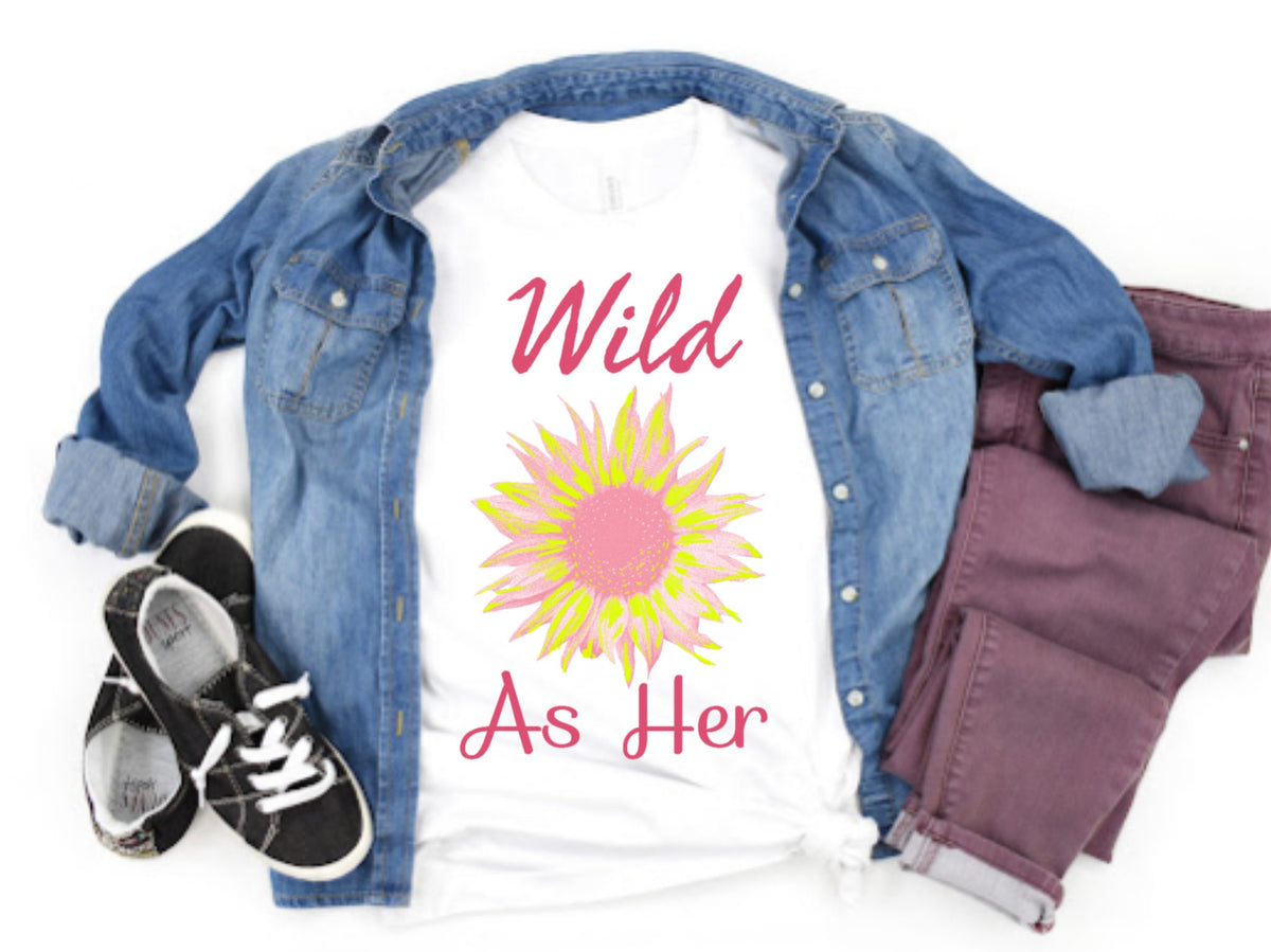 Wild As Her Flower White Tee Shirt Women's Pink Yellow Country Song Wildflower T-shirt