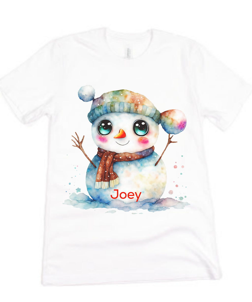 Snowman Watercolor Winter Custom Personalized Name Christmas Gift Shirt Snow Cute Baby Toddler Boy Girl Child Kids White T-shirt Cotton Tee