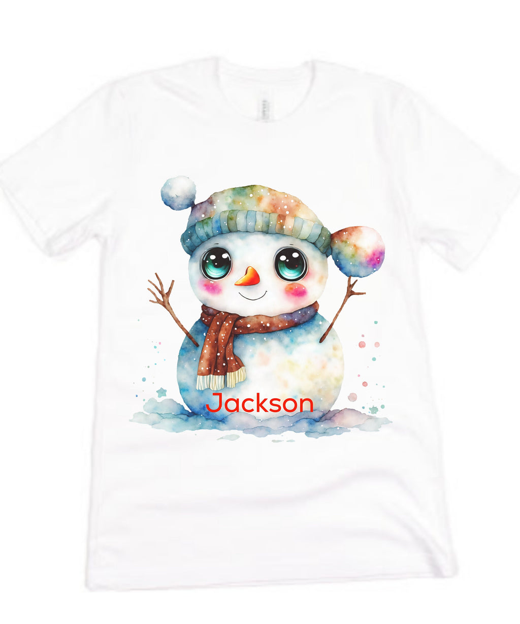 Snowman Watercolor Winter Custom Personalized Name Christmas Gift Shirt Snow Cute Baby Toddler Boy Girl Child Kids White T-shirt Cotton Tee