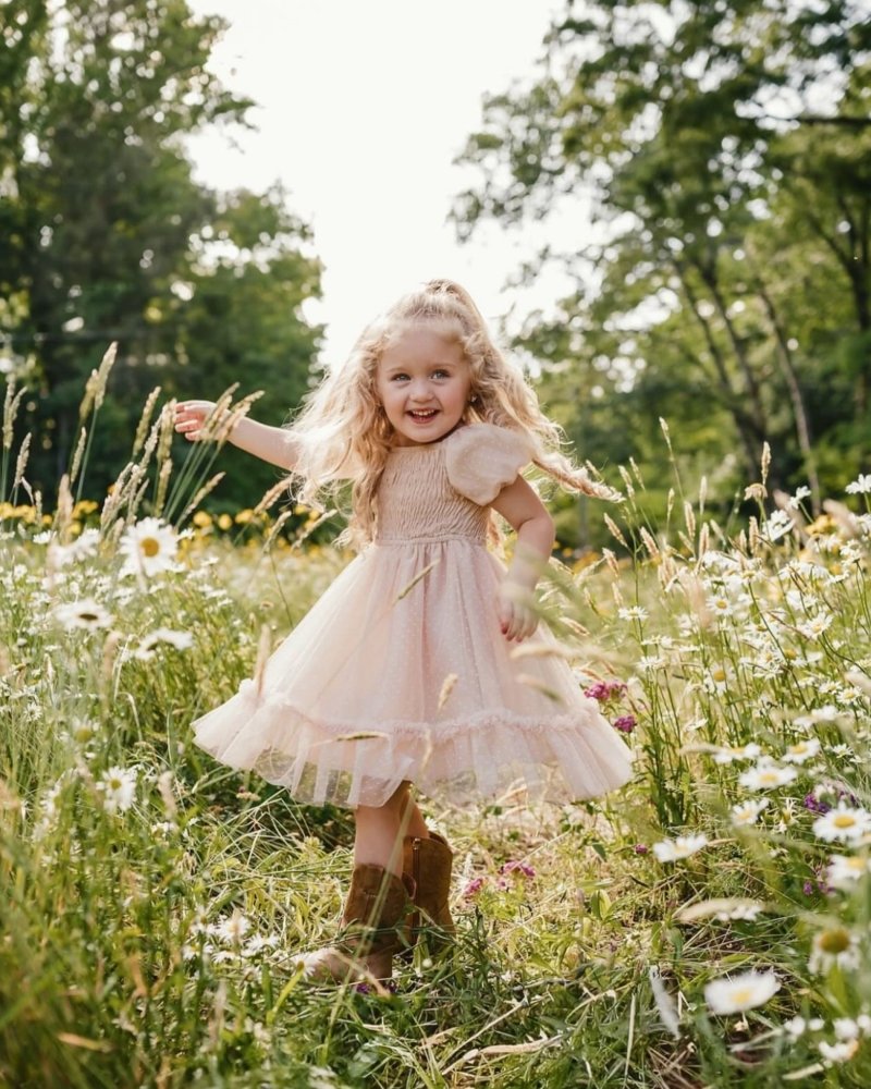 Smocked Dots Tulle Dress - Champagne